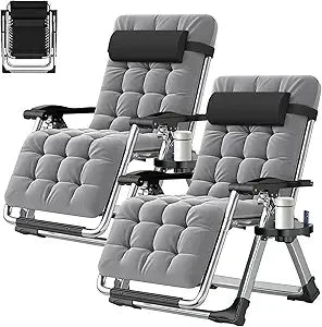 Set of 2 Zero Gravity Outdoor Lounge Chairs – Reclining Patio Sun Loungers with Cushion, Headrest & Cup Holder