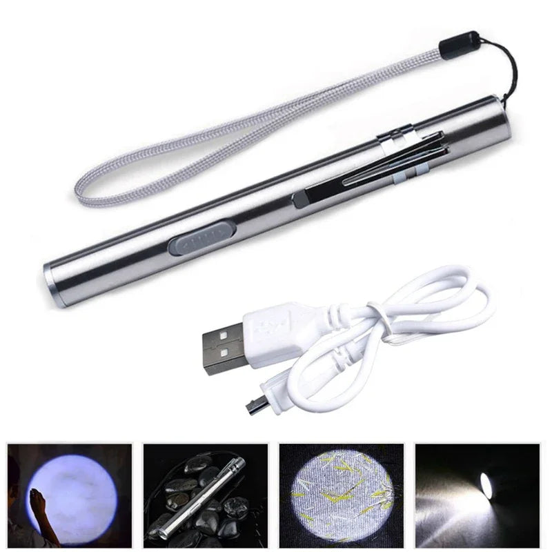 Mini Portable LED Pen Light — USB Rechargeable Medical Flashlight with Stainless Steel Clip for Dentist & Nurse Use
