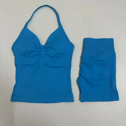 2-Piece Women’s Yoga Set – Seamless Longline Strappy Tank Top & Scrunch Sports Shorts, Summer Workout Gym Outfit