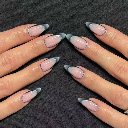 24Pcs French Press On Nails - Almond Fake Nail Tips with Glue, White Edge Design & Pink Stiletto Style Manicure Set