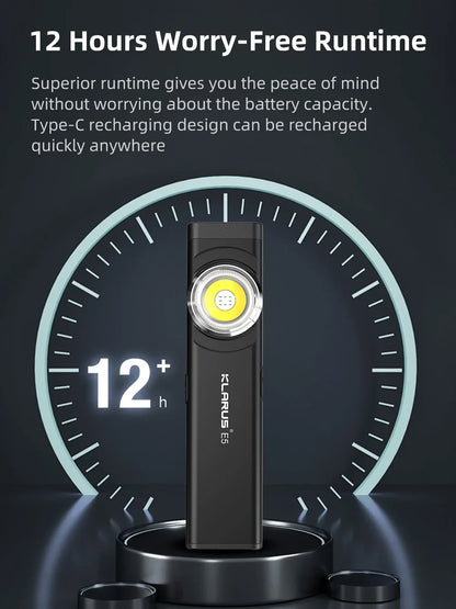 Klarus E5 COB Flashlight – Magnetic Dual Light Torch with 8 Lighting Modes, USB-C Rechargeable EDC Strobe for Emergency Use
