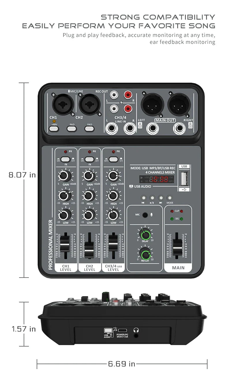 4-Channel Audio Mixer — USB Studio Mixer with 48V Phantom Power & Bluetooth for DJ & Karaoke