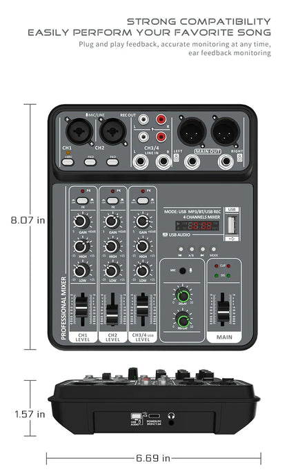 4-Channel Audio Mixer — USB Studio Mixer with 48V Phantom Power & Bluetooth for DJ & Karaoke