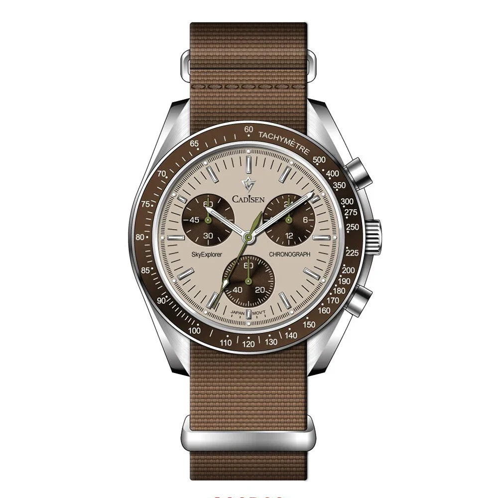 CADISEN Men's Luxury Watch – Quartz VK68 Chronograph, Sapphire AR Crystal, Canvas Strap Speed Style Wristwatch