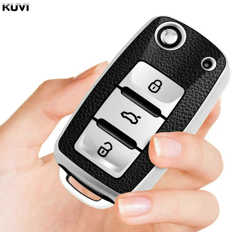 Leather TPU Car Key Case Cover for Volkswagen & Skoda – Fits Polo, Golf, Passat, Tiguan, Beetle, Caddy, T5, Up, Eos, Octavia, Seat Leon, Altea