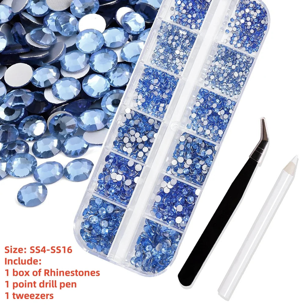 12-Grid 3D Glass AB Crystal Nail Art Rhinestones Kit – Flatback Round Beads with Tools for Nail Jewelry & Diamond Decoration