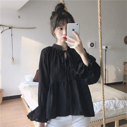 2024 Fashion Women’s Lace-Up Shirt – Flare Sleeve O-Collar Loose Blouse for Spring, Summer & Autumn