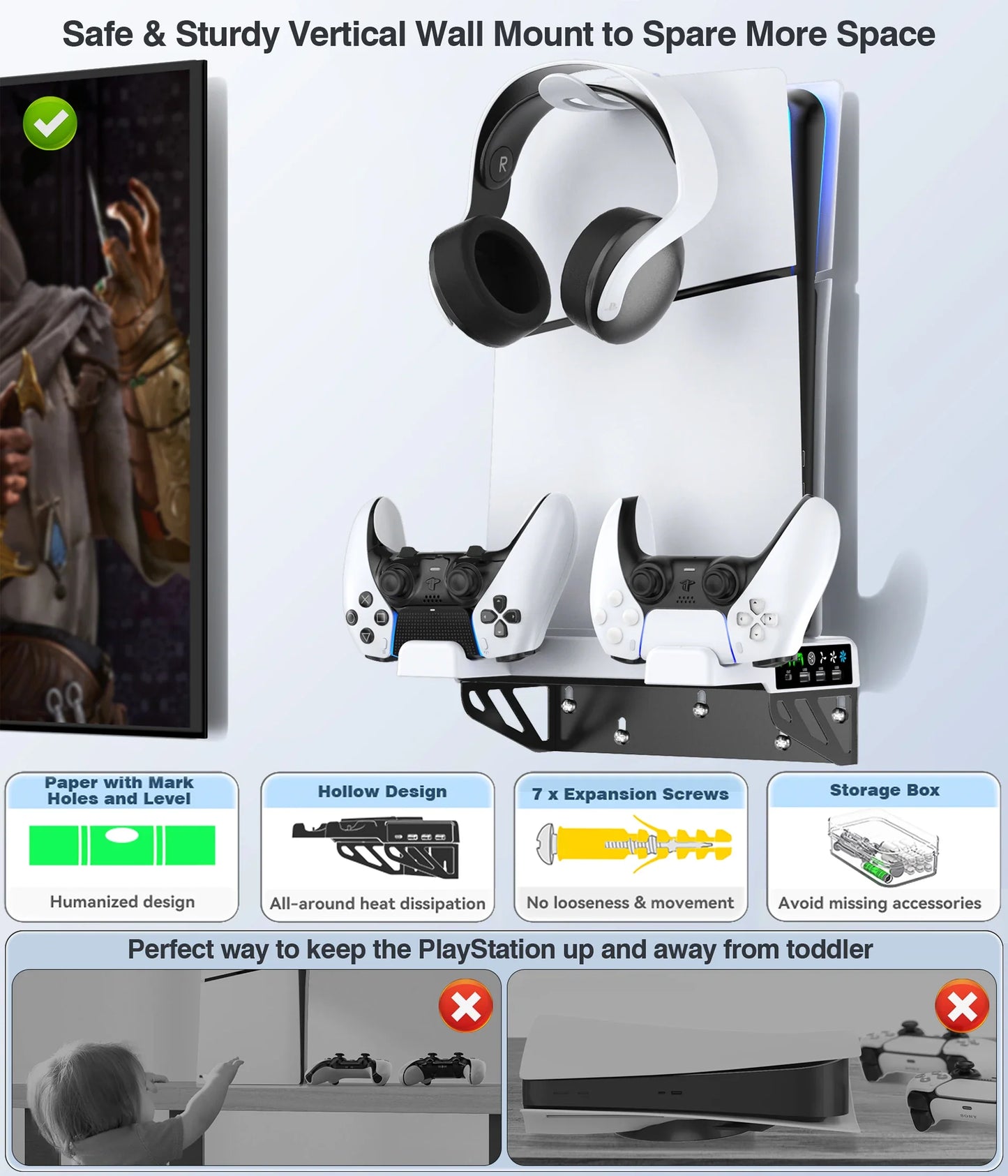 PS5/PS5 Slim/PS5 Pro Wall Mount Kit – With Charging Station, Cooling Fans & Headset Hanger, Behind-TV Wall Stand