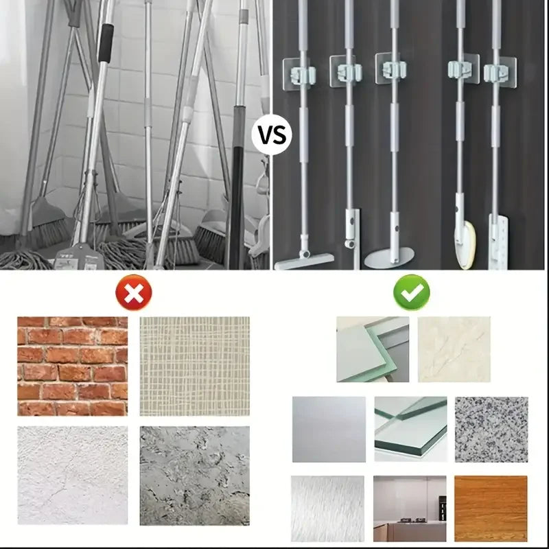 Mop Hanger 4-Pack — Self-Adhesive Wall-Mounted Broom & Mop Holder for Laundry Room & Bathroom Organization