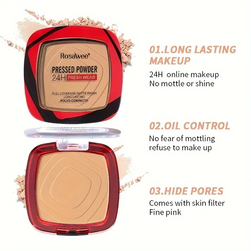 Matte Full Coverage Pressed Powder Foundation - 24H Fresh Wear with Puff Applicator, Weightless Finish Makeup