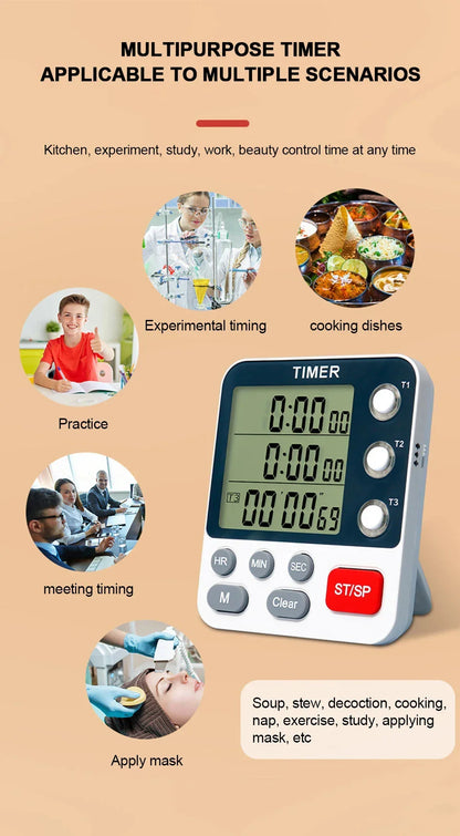 3 Channel Digital Kitchen Timer – Count Up/Down with LCD Display, Adjustable Volume & Mute Flashing Alarm