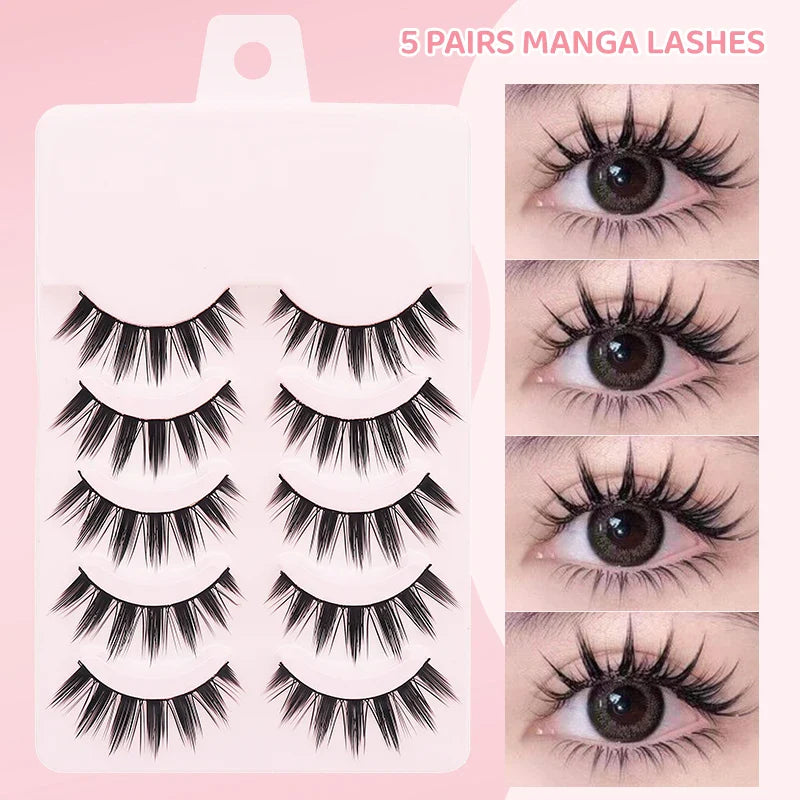 DINGSEN 5 Pairs Manga Style False Eyelashes — Soft, Natural, Long Anime Wispy Strip Lashes for Makeup