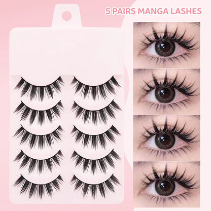 DINGSEN 5 Pairs Manga Style False Eyelashes — Soft, Natural, Long Anime Wispy Strip Lashes for Makeup