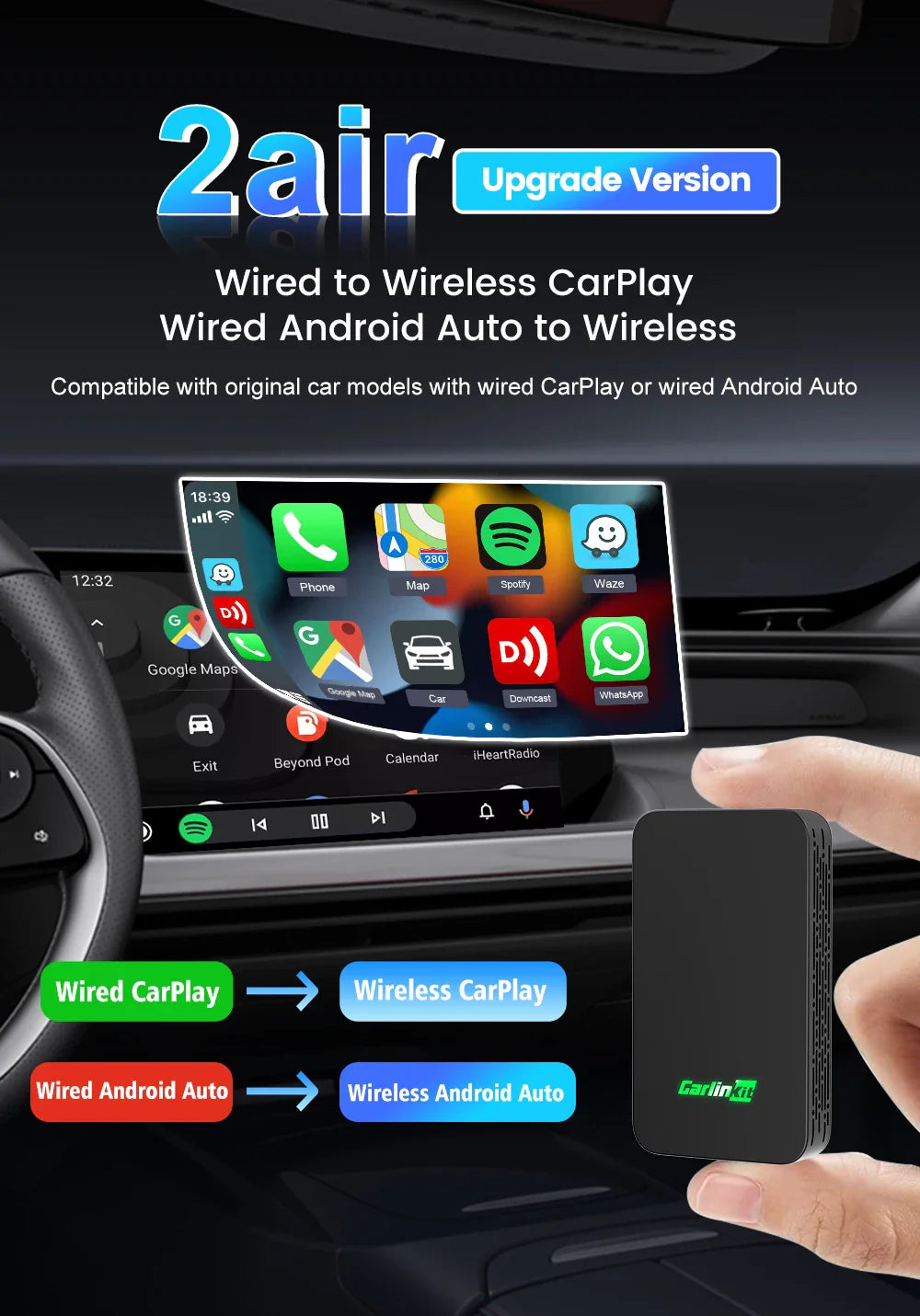 CarlinKit 5.0 & 4.0 Wireless CarPlay & Android Auto Adapter — Waze, Music, Spotify for Audi, Golf, Peugeot, Mazda, KIA, Mercedes, MG
