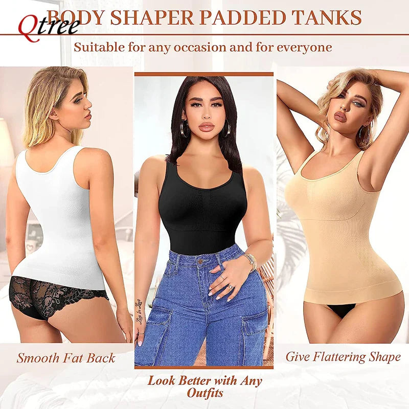 Qtree Women Tummy Control Shapewear – 2-in-1 High Elastic Stretch Vest with Padded Bra, Body Shaper, Slimming Lift Corset