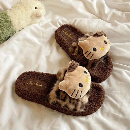 Kawaii Hello Kitty Leopard Print Fluffy Slippers – Women’s Cozy Non-Slip Indoor Cotton Slippers