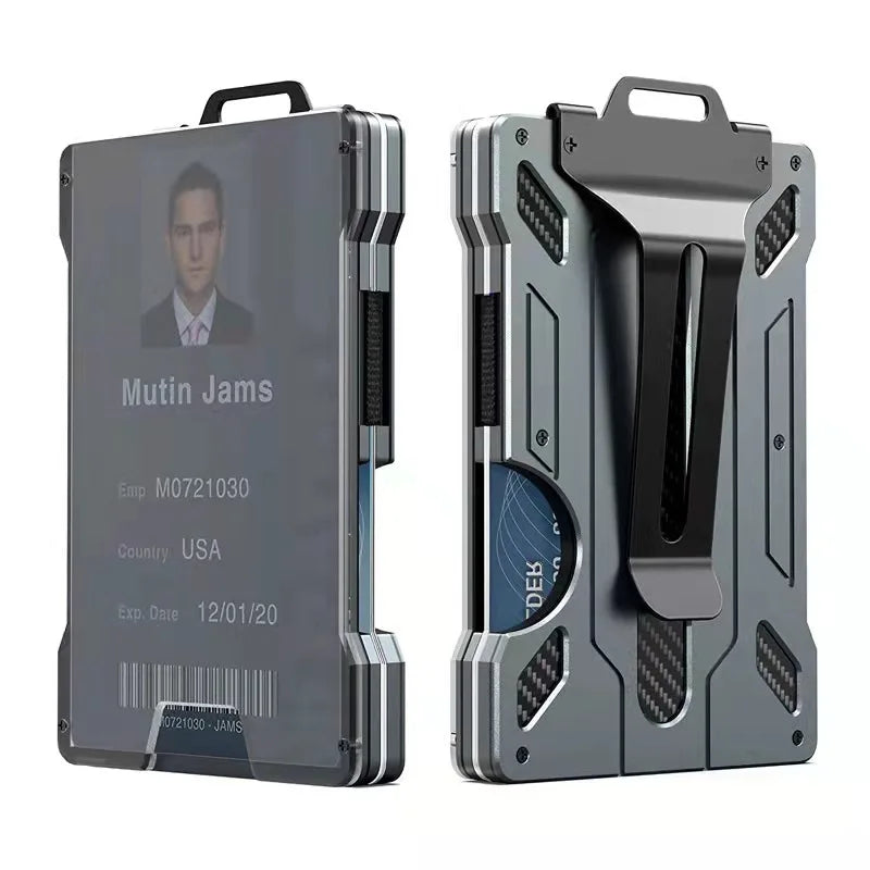 Minimalist Men’s Wallet – Slim RFID-Blocking Aluminum Money Clip with Clear ID Holder, Ultra-Thin Carbon Fiber Design