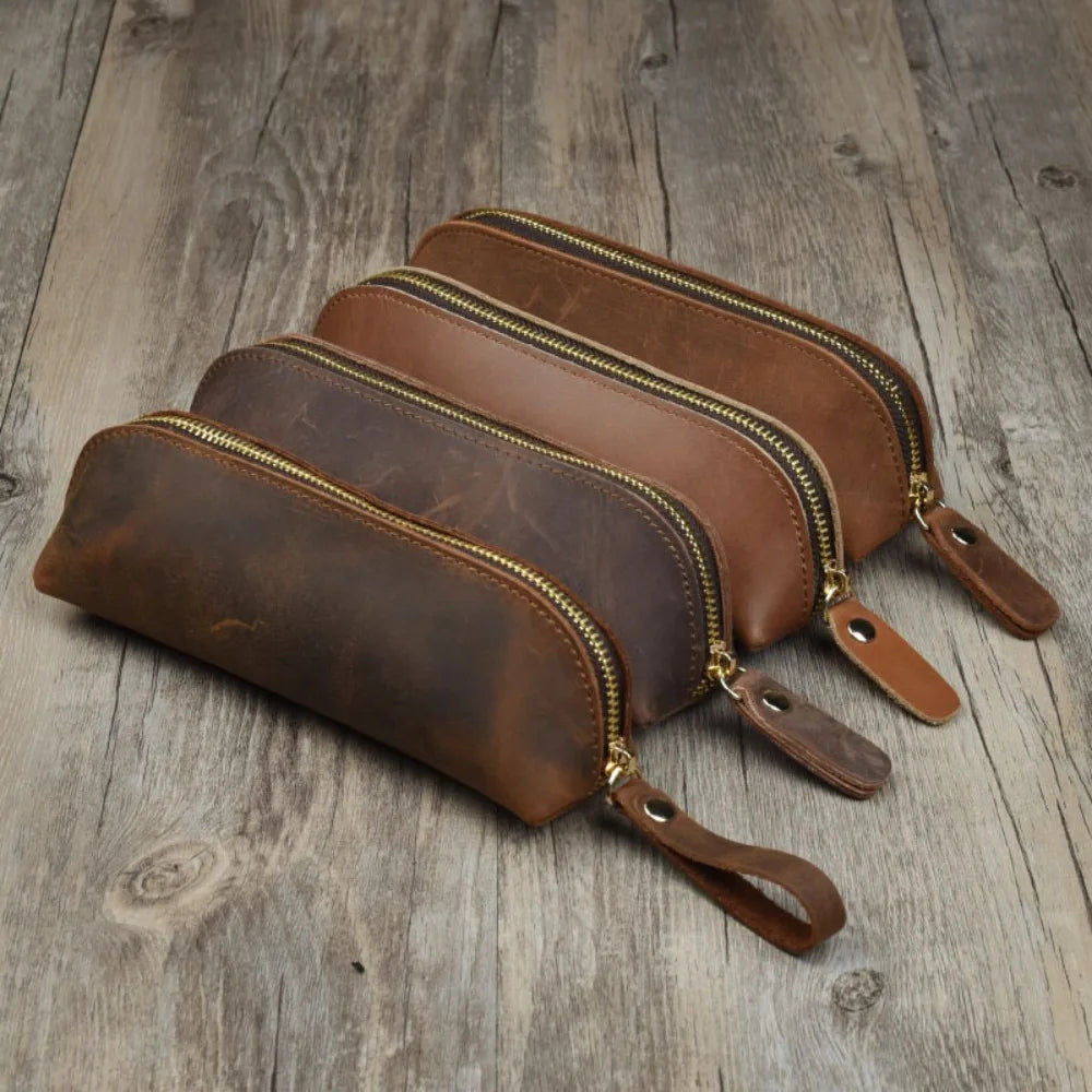 Vintage Leather Pencil Bag – Simple Zipper Pen Case & Stationery Holder Pouch for School Supplies, Glasses & Storage