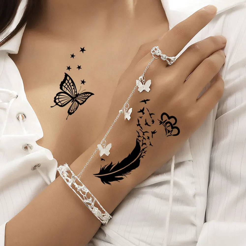 30pcs Black Temporary Tattoo Stickers - Flower Butterfly Rose Moon Star Mandala Designs for Hand, Chest & Body Art