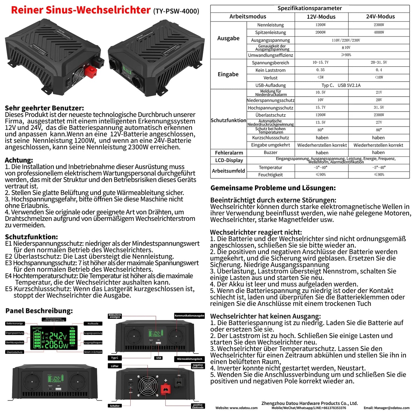 DATOU BOSS Pure Sine Wave Inverter — 12V/24V to 220V, 1200W-2300W, Peak 4000W