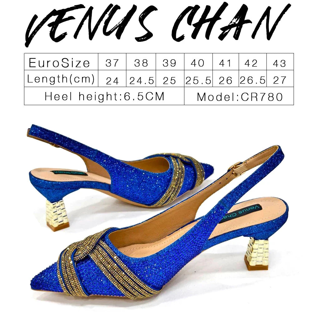Venus Chan Women’s Champagne Shoe & Bag Set - Rhinestone Heels and Handbag for Nigerian Parties & Weddings