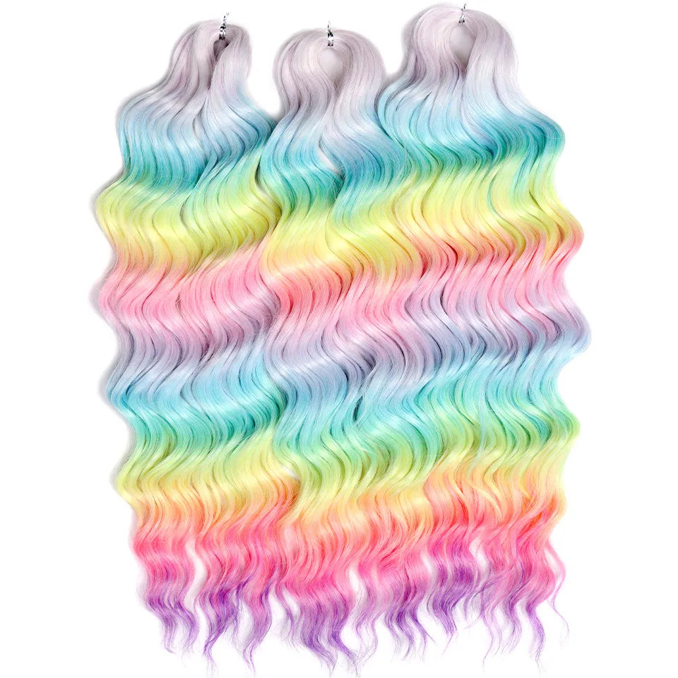 FASHION IDOL 24" Deep Wave Crochet Hair - 3-Piece Synthetic Water Wave Braiding Extensions, Ombre Rainbow Twist Hair