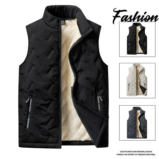Men’s Autumn & Winter Cotton Vest Jacket – Casual Warm Sleeveless Top with Standing Collar, Plus Size Multifunctional Outerwear