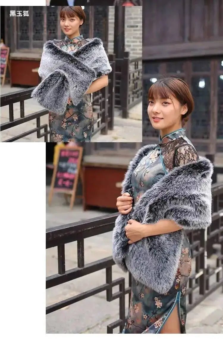 32-Color Luxury Faux Fox Fur Shawl – Women’s Plush Winter Scarf, Wrap & Cape for Wedding & Coat