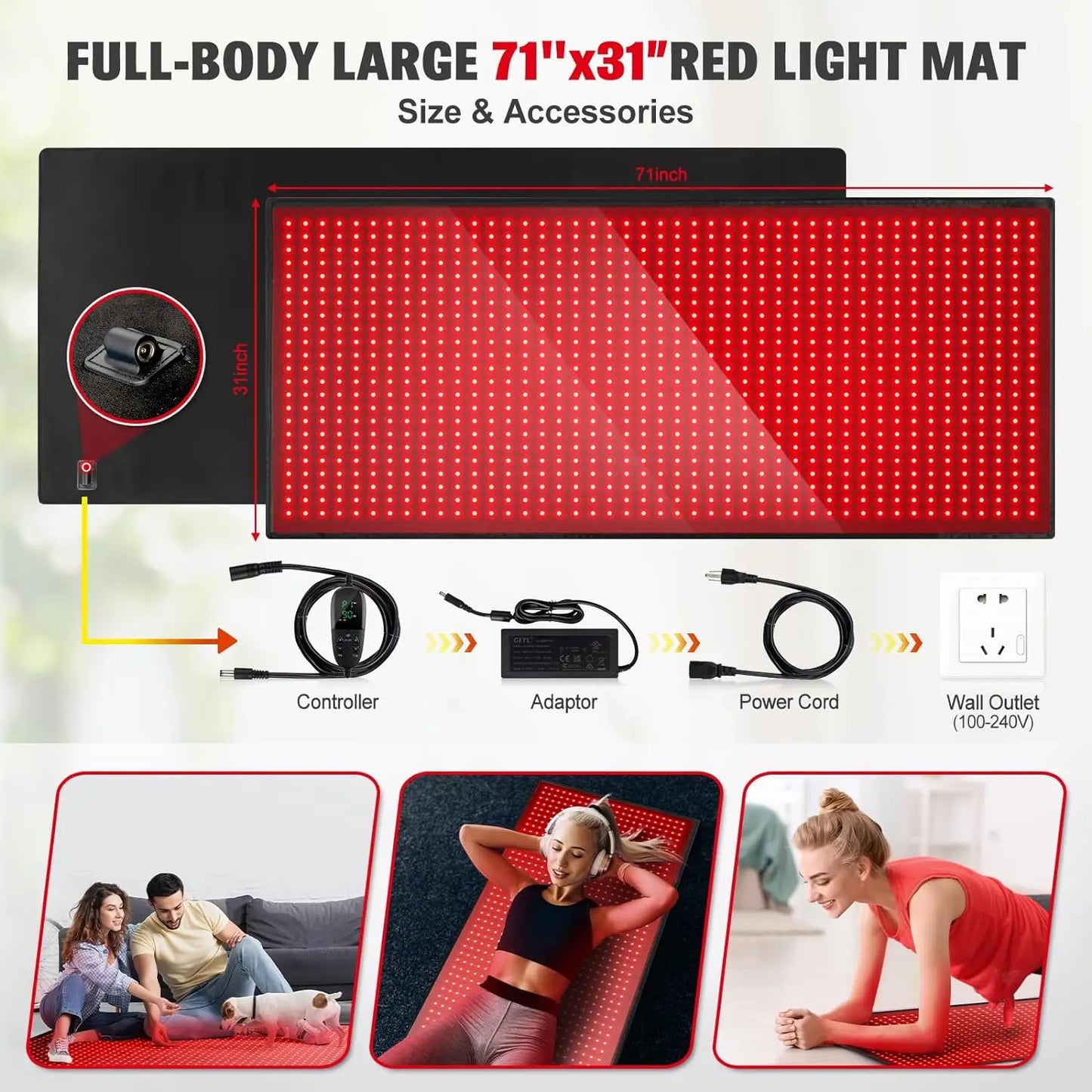 1280 LED Red Infrared Light Therapy Mat – 71"x31" Full Body Pad for Pain Relief, 660nm & 850nm Red Light Therapy Blanket