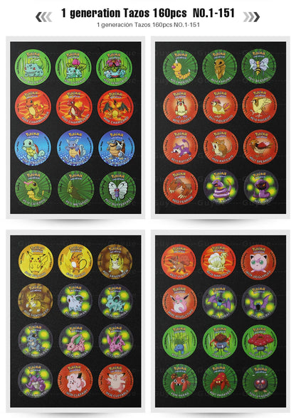 100/160pcs Pokemon Tazos – 1st & 2nd Generation 3D Round and Square Collector Cards, Album Trainer Pogs for Cheetos Chipitaps