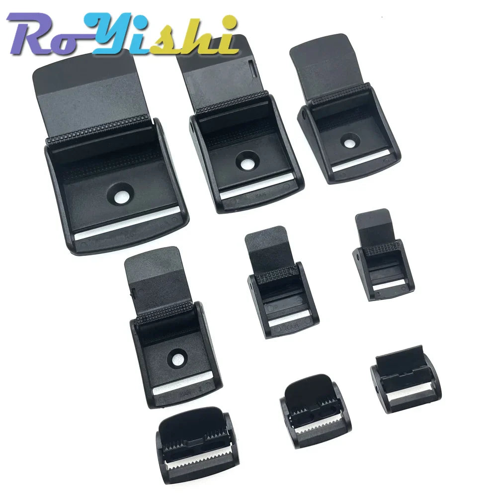 5Pcs Plastic Cam Buckle Set – Adjustable Black Toggle Clips for Backpack Straps & Webbing (5/8”–2” Sizes)