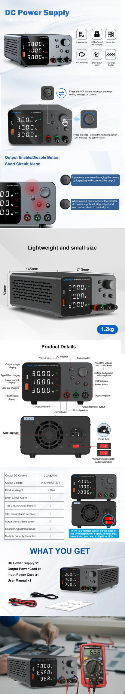 Wanptek DC Power Supply – Adjustable 30V 10A / 60V 5A Lab Bench Voltage Regulator, Variable 120V 3A Power Supply