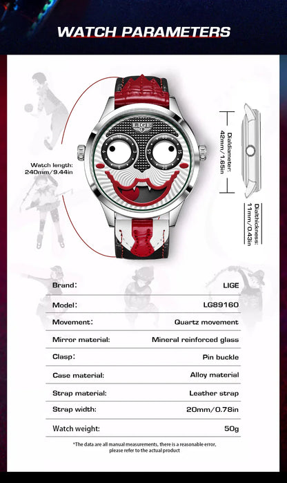 LIGE 2025 Men’s Creative Clown Quartz Watch – Waterproof Leather Strap Joker Fashion Wristwatch