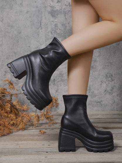 Women’s New Fashion Short Boots – Sexy Leather, Square Toe, Zipper High Heels, Casual Thick-Soled Shoes Zapatos