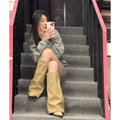 Khaki Wide Knee-High Women’s Boots – Pointed Toe Winter Shoes with Low Dwarf Heel