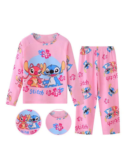 New Spring Children’s Pajama Set – Stitch & Angel Long-Sleeve Sleepwear with Pants for Boys & Girls