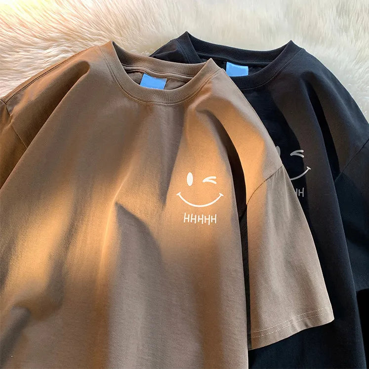 Men's & Women's Smiling Face T-Shirt — Funny Fashion Oversized Short-Sleeve Couple Top, American Basic Loose Pullover