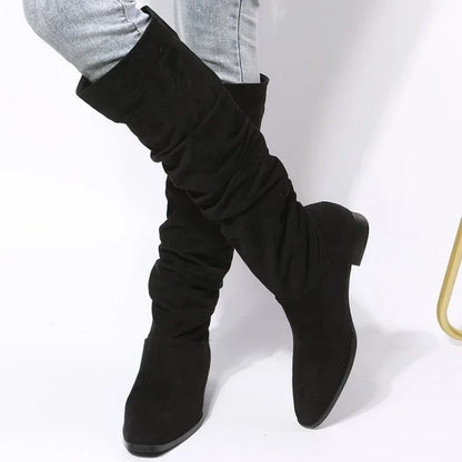 Women's Knee-High Winter Boots – Solid Color, Round Toe, Square Heel, Plus Size