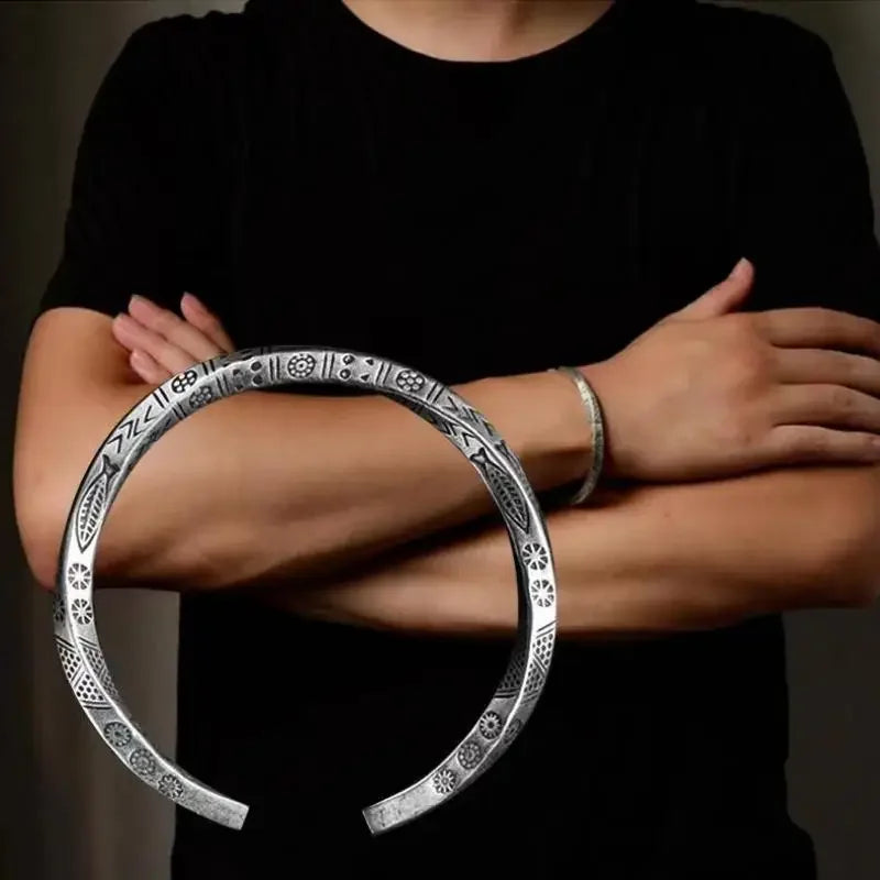 Retro Tibetan Six-Character Mantra Bracelet — Silver Plated Lotus Cuff for Men