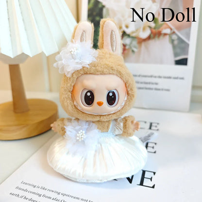 Mini Plush Doll Clothes Bud Skirt with Pearl Hair Accessory — Labubu I & II Kpop Idol Doll DIY Outfit Gift
