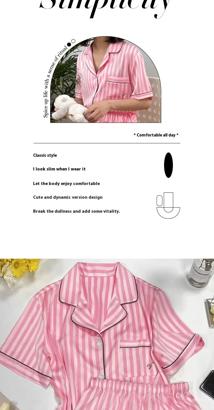 Plus Size Women’s Pajama Set – Short Sleeve Cardigan & Striped Shorts Two-Piece Homewear