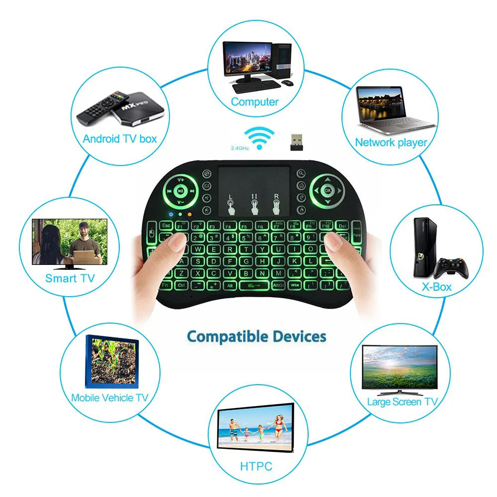 2.4G Air Mouse Remote — Colorful Backlight Touchpad Keyboard for Android TV Box & PC I8 Mini Wireless