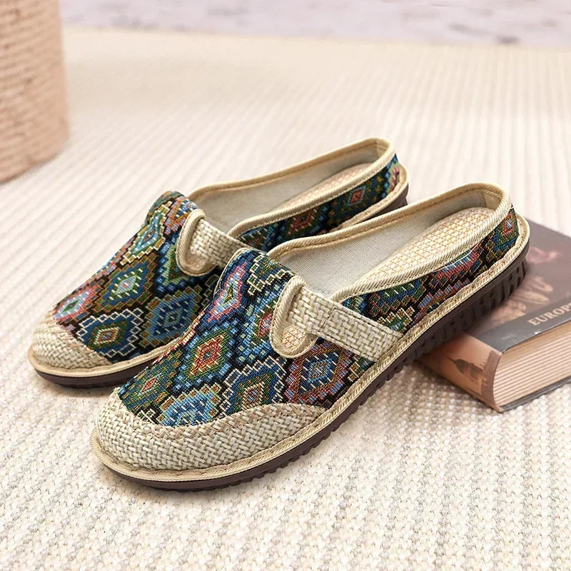 2024 Fashion Women’s Ethnic Embroidered Linen Shoes – Breathable Casual Outdoor Slippers