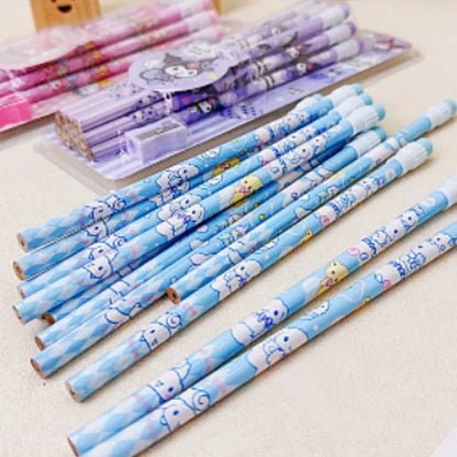 12pcs Sanrio Cinnamoroll & Kuromi Cute Cartoon HB Pencils - Writing & Drawing Stationery Box Set with 12 Pencils & 1 Pencil Roller