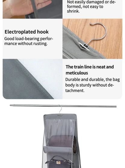 6-Pocket Hanging Handbag Organizer – Gray Waterproof Storage Bag with Hanger for Closet, Door & Wall