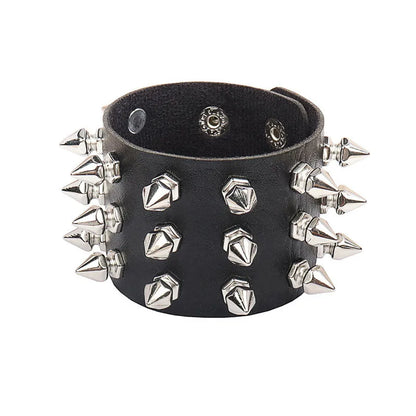 90s Punk Style Bracelet – PU Leather with 3 Rows of Spikes & Square Studs, Fashion Bangle for 2024