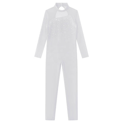 Kids Girls Long Sleeve Rhinestone Bodysuit — Full Body Dancewear Gymnastics Leotard Skating Jumpsuit