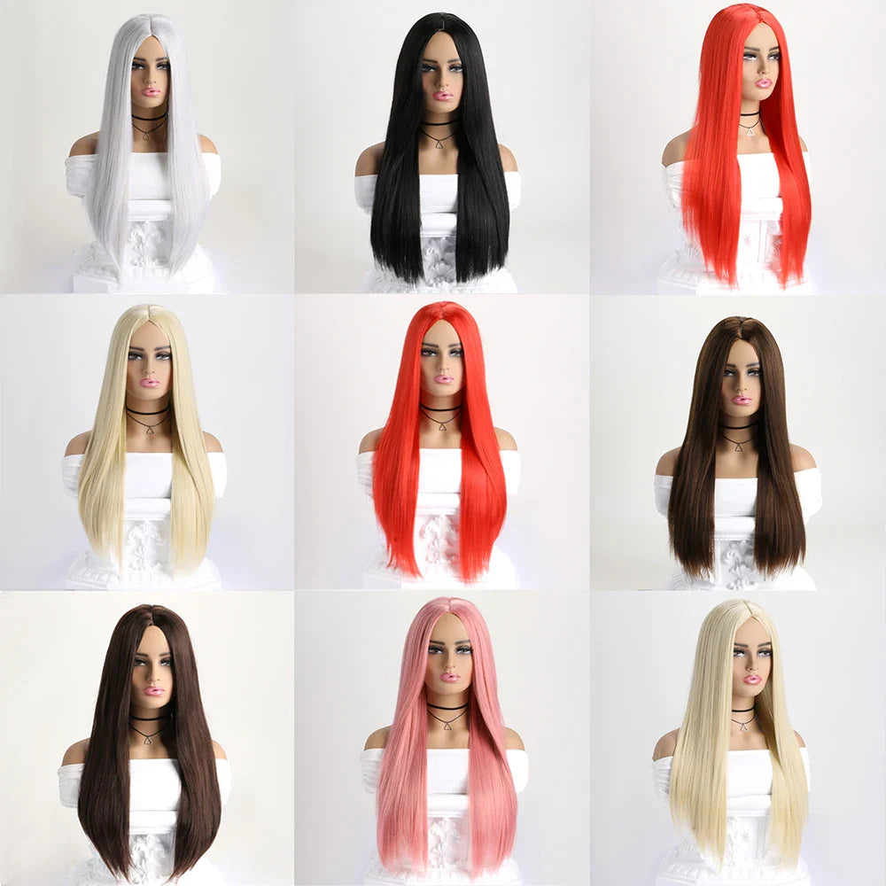 26-Inch Long Straight Wig with Mid Bangs – Black Ombre Heat-Resistant Wig for Women, Daily Wear, Cosplay & Halloween