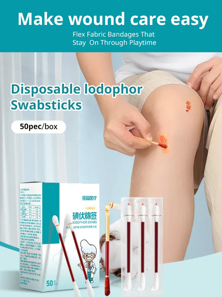 50-500pcs Disposable Iodine Cotton Swabs — Sterile Aseptic Medical Care for Home, Travel & Outdoor Emergency Kits