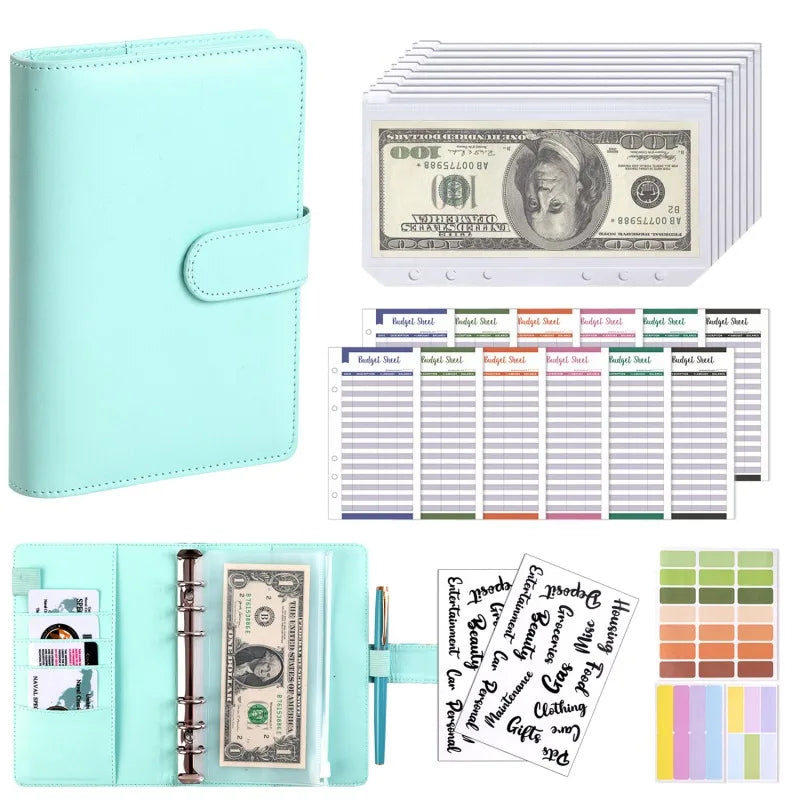 PU Leather Budget Binder with Cash Envelopes – A6 Planner Organizer, Zip Pockets for Saving Money, Small French Budget Pouch
